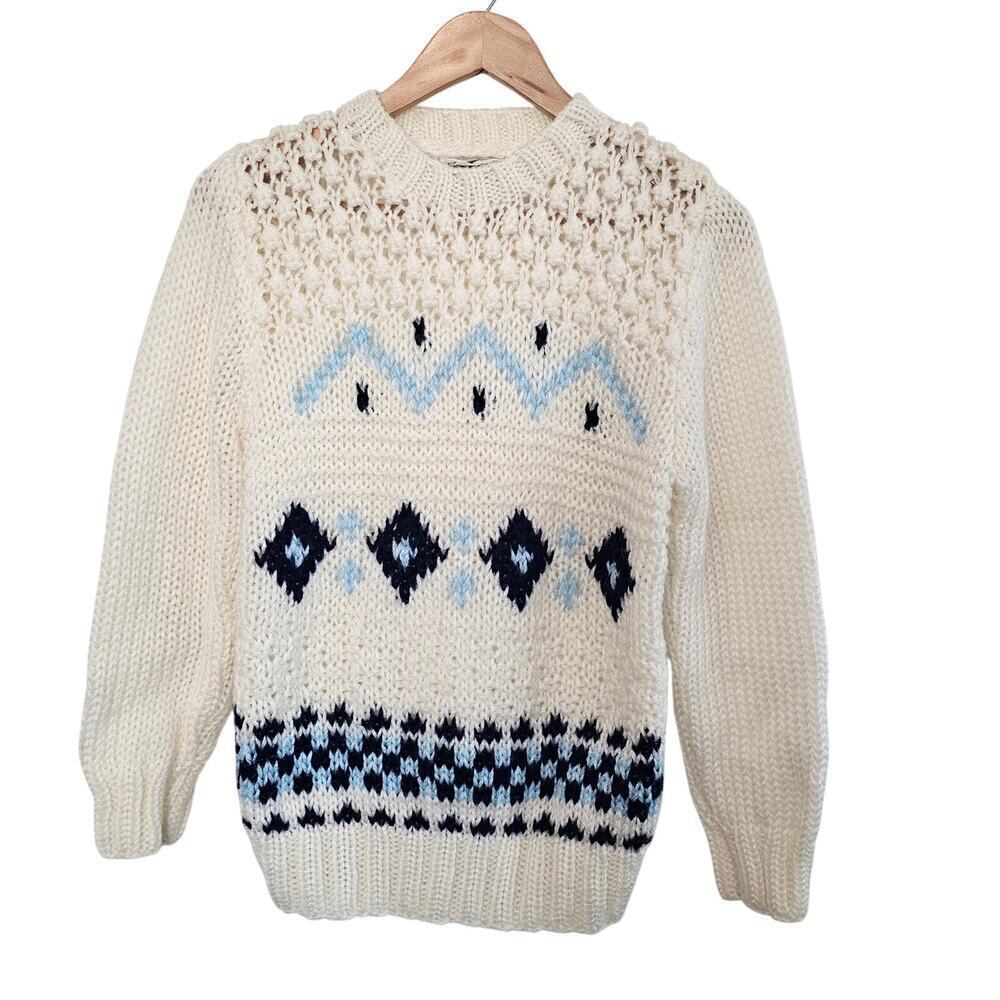 Vintage Fair Isle Sweater Women Med 90s White Cottage Preppy Academia Coquette